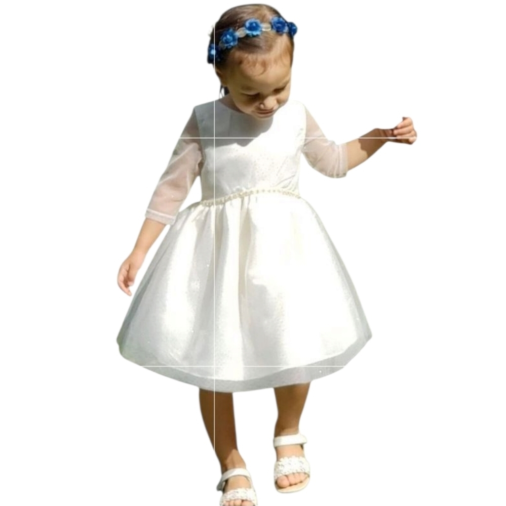 LITTLE ANGELS Cream & Gold Half Sleeve Tulle & Glitter Dress Toddler Gir…